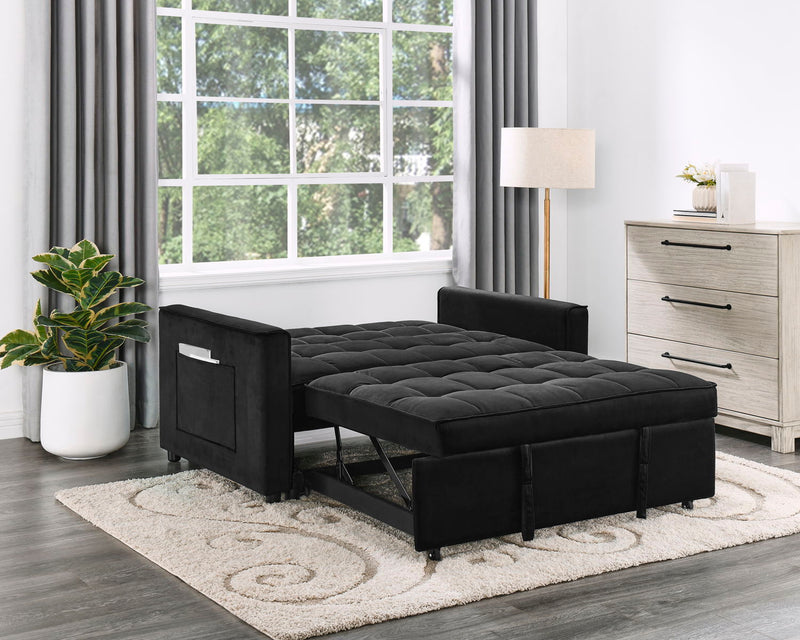 Maeve - 53.5"W Black Velvet Convertible Sleeper Loveseat With Tufting and Side Pocket