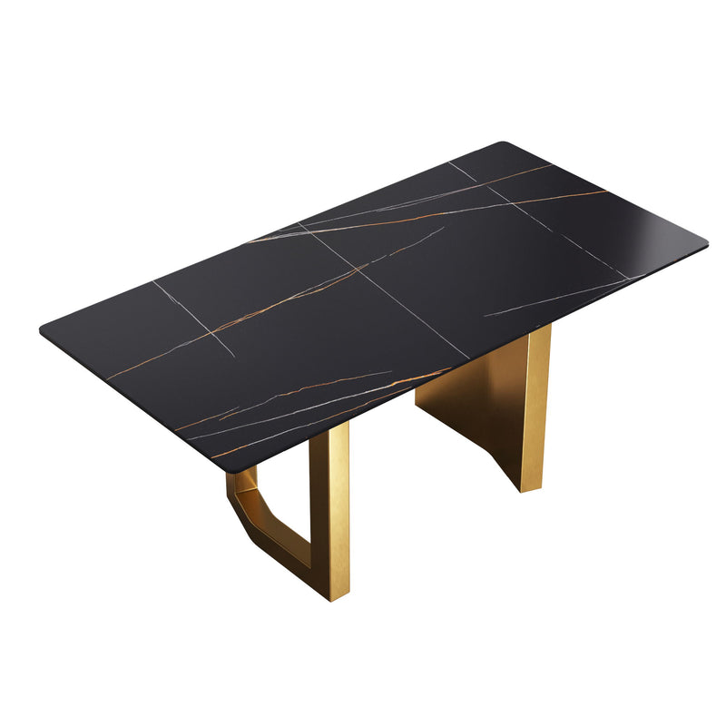 70.87" Modern Artificial Stone Black Straight Edge Golden Metal Leg Dining Table, Can Accommodate 6-8 People - Black / Gold