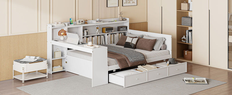 Full Size Wooden Daybed With 3 Drawers, USB Ports And Desk - White