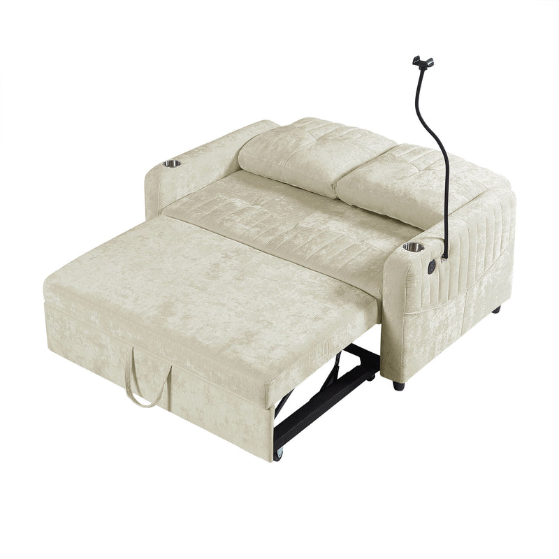 Modern Loveseat Pull Out Sofa Bed With Adjustable Backrest, Two Cup Holders, A Phone Holder, Three Charging Ports And Side Storage Pockets For Living Room