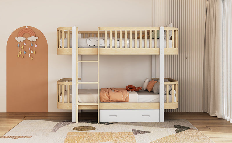 Wood Twin over Twin Bunk Bed with Fence Guardrail and a Big Drawer, Natural White