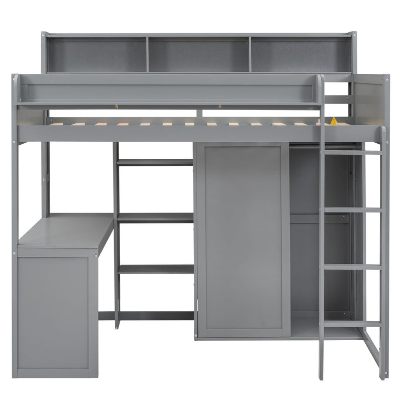 Wood Twin Size Loft bed with Multiple Storage Shelves and Wardrobe, Gray