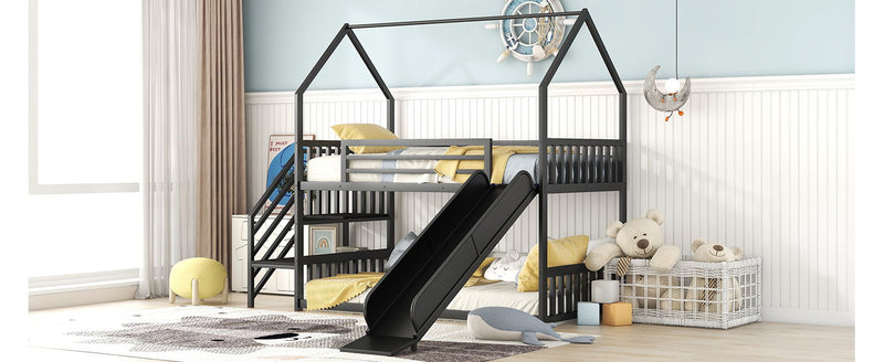 Twin Over Twin Metal Bunk Bed House Bed With Slide And Staircase