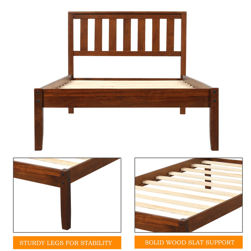 Twin Platform Bed With Headboard / Wood Slat Support - Walnut