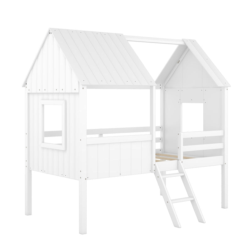 Twin Size Low Loft Wood House Bed with Two Side Windows  (White)(OLD SKU: LP000037AAK)