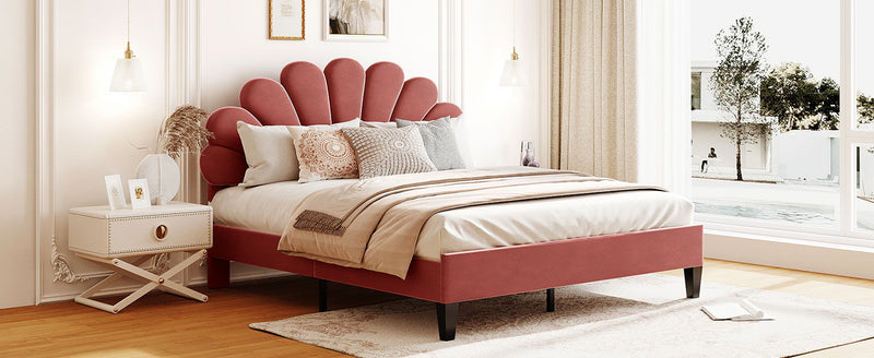 Queen Size Upholstered Platform Bed With Flower Pattern Velvet Headboard - Bean Paste Red