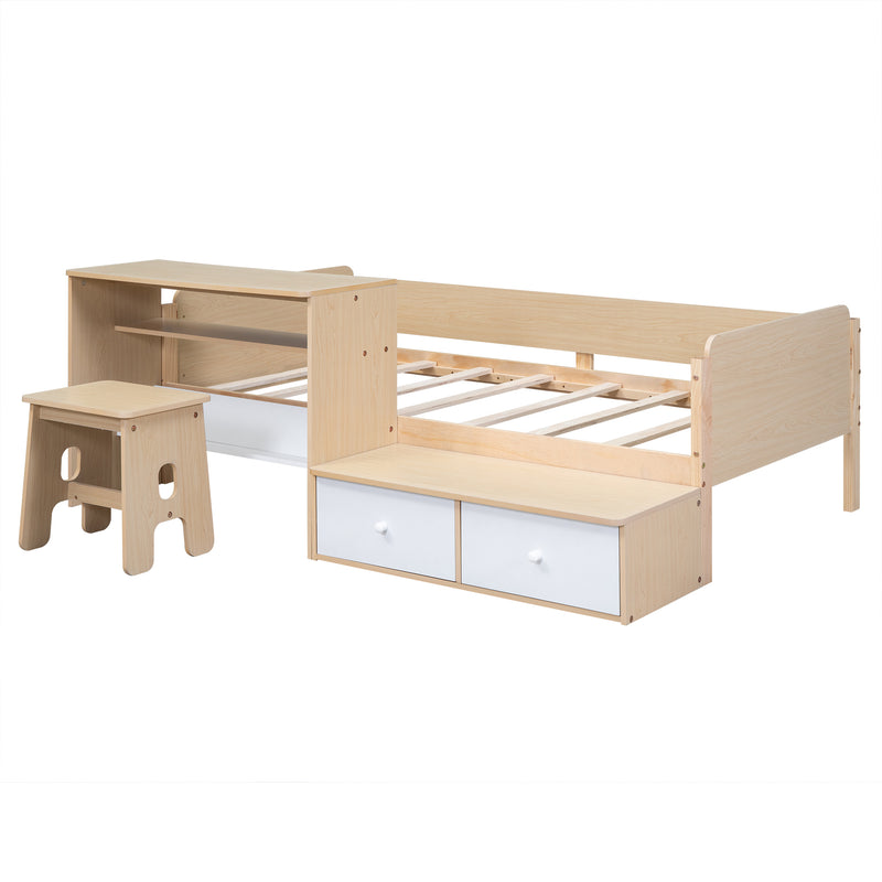 Wood Twin Size Platform Bed with 2 Drawers and 1 Chair&Desk Set, Natural+White