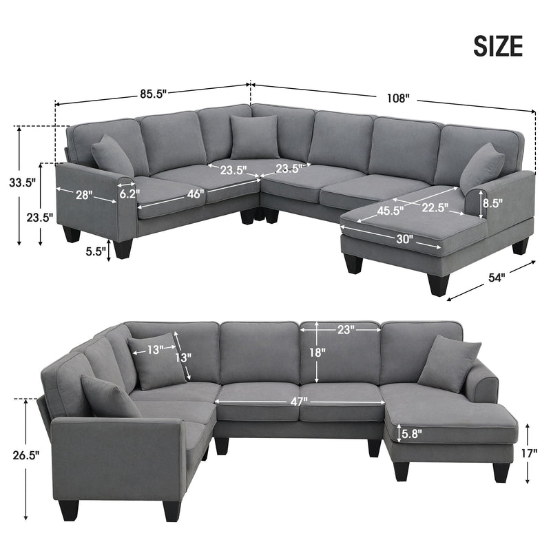 Modern U Shape Sectional Sofa, 7 Seat Fabric Sectional Sofa Set With 3 Pillows Included For Living Room, Apartment, Office