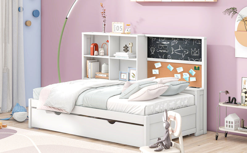 Twin Size Daybed with Storage Shelves, Blackboard, Cork board, USB Ports and Twin Size Trundle, White