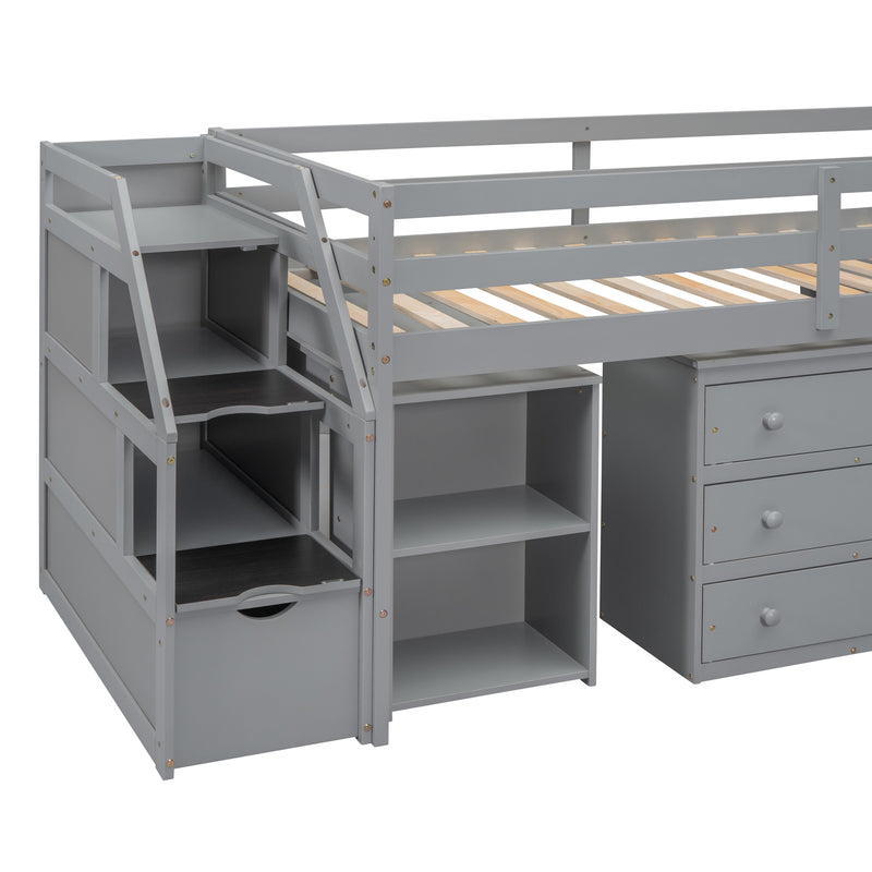 Twin Size Loft Bed with Retractable Writing Desk and 3 Drawers, Wooden Loft Bed with Storage Stairs and Shelves, Gray