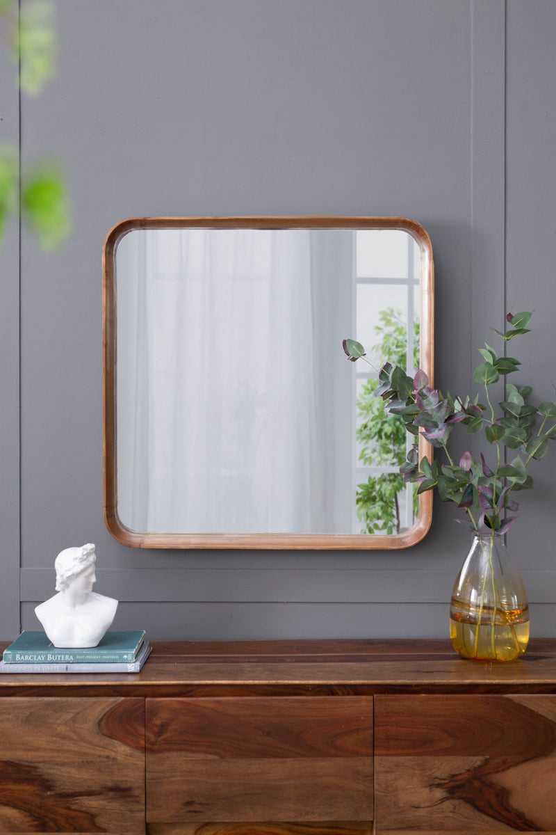 Square Mirror With Wood Frame, Wall Mirror For Living Room Bathroom Entryway - Brown