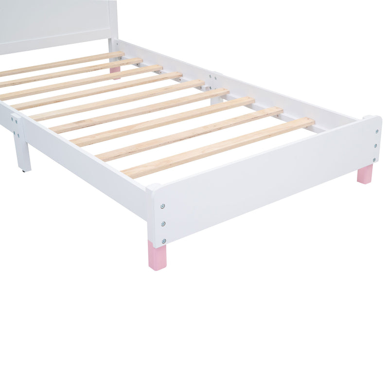 Twin Size Wood Platform Bed with House-shaped Headboard  (White+Pink)