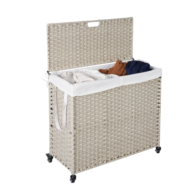 Laundry Hamper With Lid PE Rattan Powder Coating Frame Clothes Hampers With 2 Removable Bags