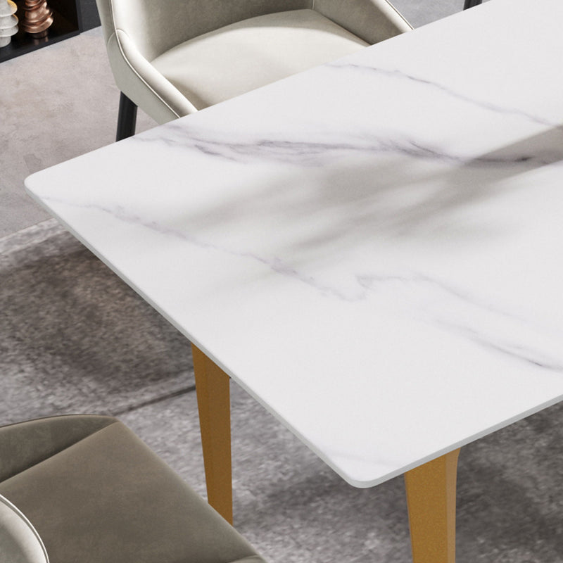 70.87" Modern Artificial Stone White Straight Edge Metal Leg Dining Table, Can Accommodate 6-8 People - White / Gold