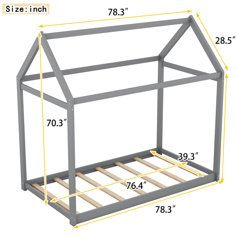 Twin Size Wooden House Bed, Gray