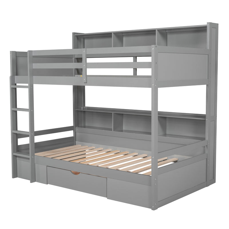 Twin Size Bunk Bed with Built-in Shelves Beside both Upper and Down Bed and Storage Drawer,Gray