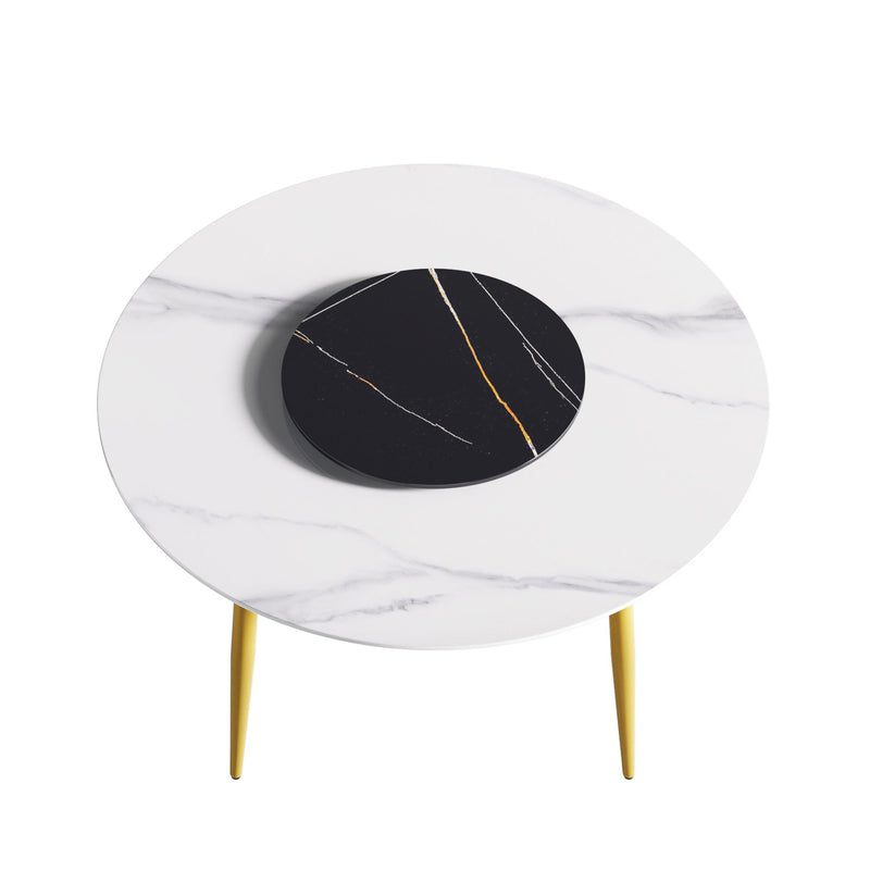 53.15" Modern Artificial Stone Round Golden Metal Dining Table, Can Accommodate 6 People, Artificial Stone Turntable - White / Black