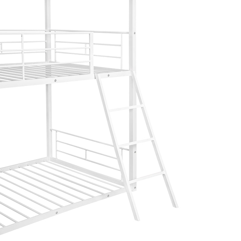 Twin Over Twin Bunk Bed Metal Bed with Half Roof, Guardrail and Ladder White