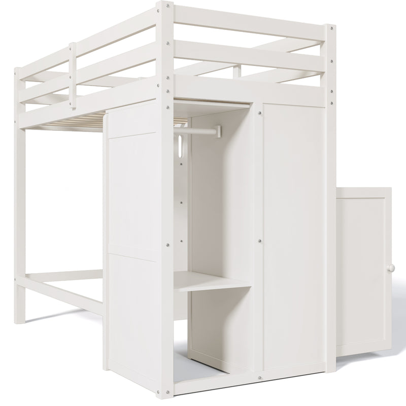 Twin Loft Bed with Wardrobe, Storage Shelves and Ladder, White