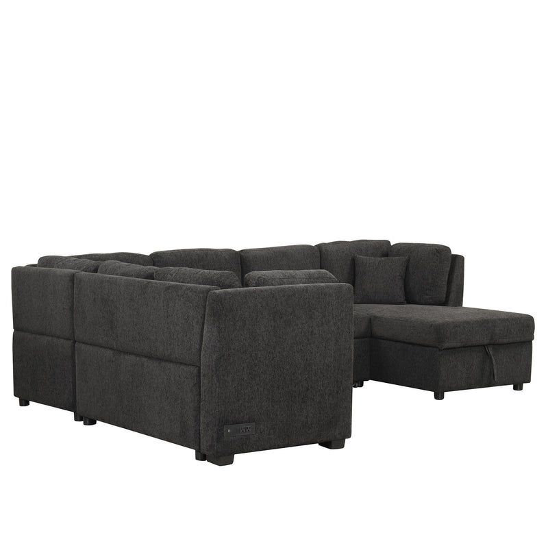 U-Shaped Sectional Sofa Pull Out Sofa Bed With Two USB Ports, Two Power Sockets, Three Back Pillows And A Storage Chaise For Living Room