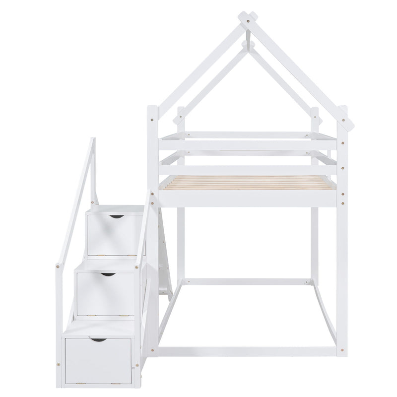 Kids Furniture - House Loft Or Bunk Bed With Slide And Staircase