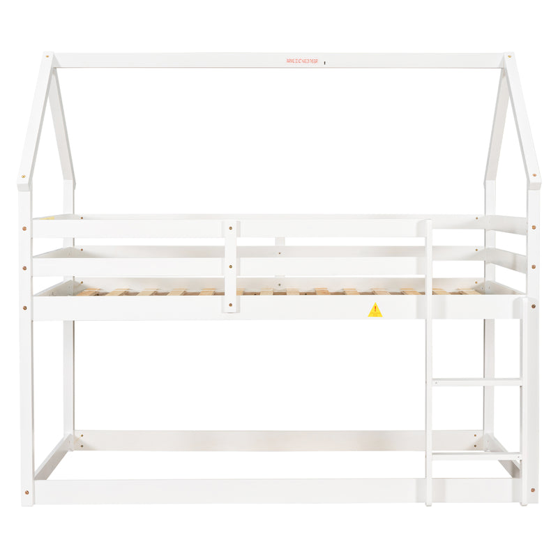 Twin over Twin Loft Bed with Roof Design, Safety Guardrail, Ladder, White