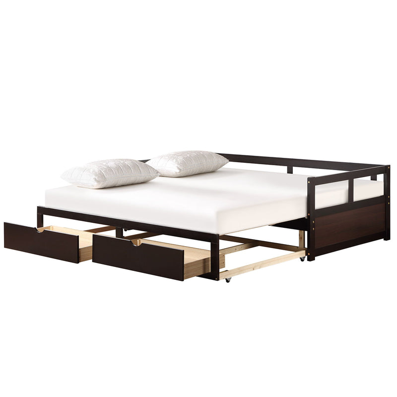 Wooden Daybed With Trundle Bed And Two Storage Drawers, Extendable Bed Daybed, Sofa Bed For Bedroom Living Room - Espresso