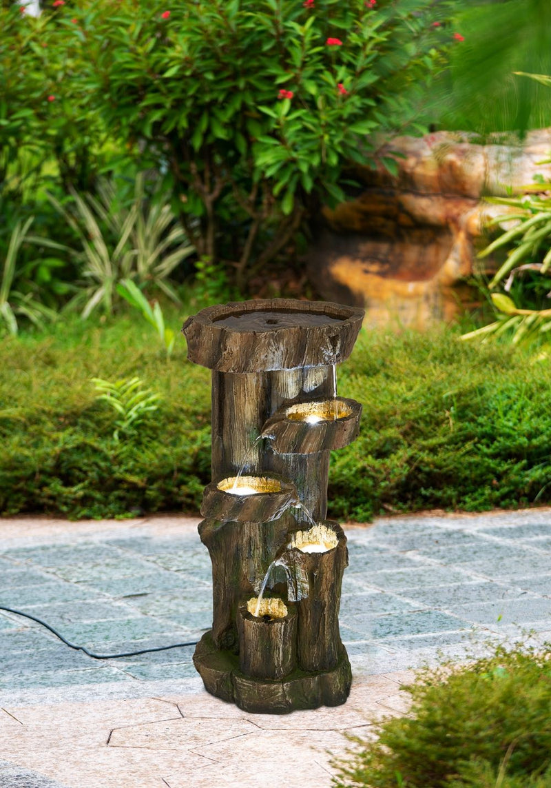 Rustic Decorative Tree Trunk 5 Tier Water Fountain, With Light And Pump, For Indoor And Outdoor - Brown