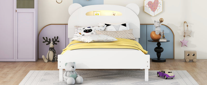 Twin Size Wood Platform Bed with Bear-shaped Headboard,Bed with Motion Activated Night Lights,White