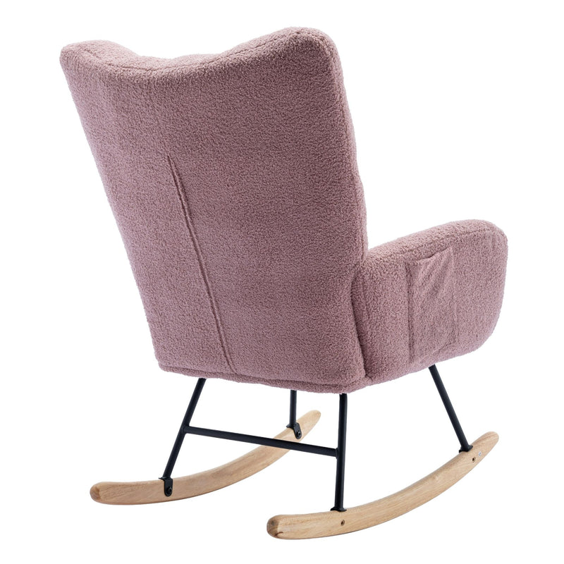 Rocking Chair With Pocket, Soft Teddy Fabric Rocking Chair For Nursery, Comfy Wingback Glider Rocker With Safe Solid Wood Base For Living Room