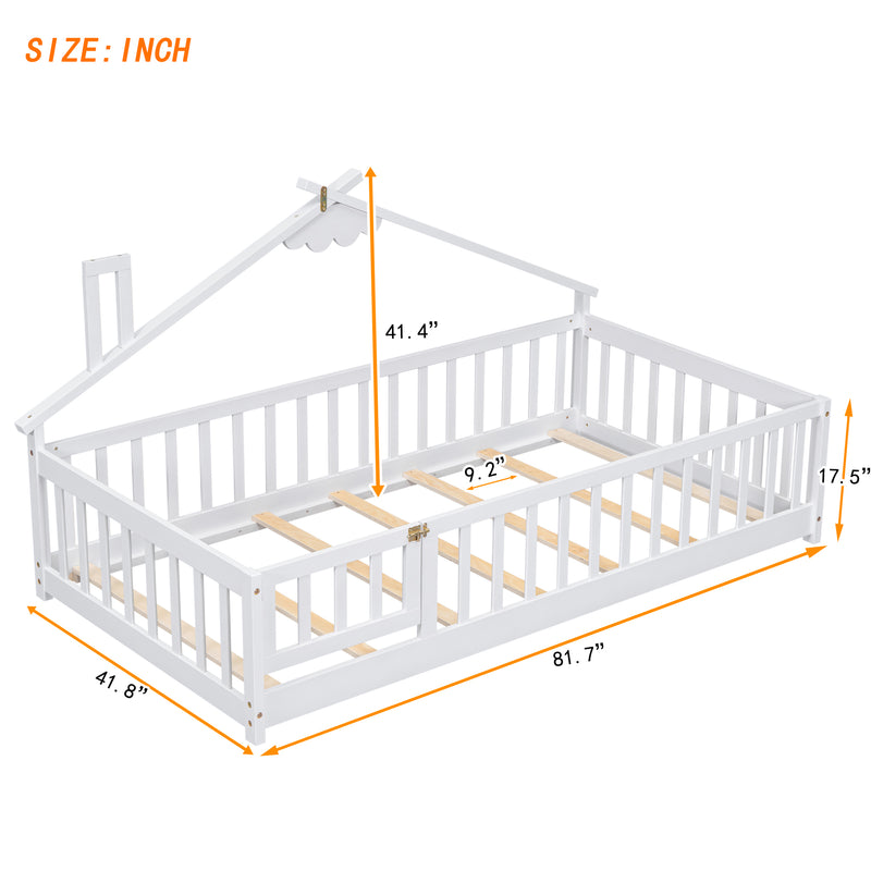 Twin House-Shaped Bedside Floor Bed with Guardrails, Slats, with Door,White