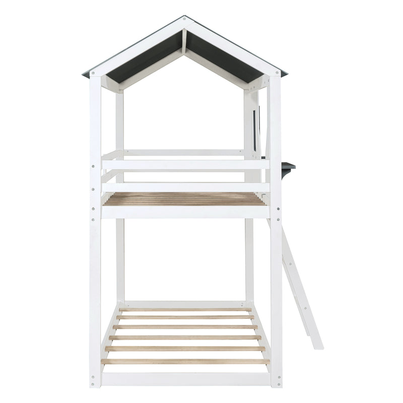 Twin Over Twin Bunk Bed Wood Bed with Roof, Window, Guardrail, Ladder (White)(OLD SKU :LT000045AAK)