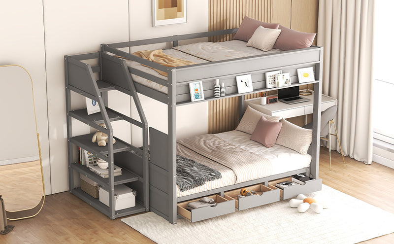 Wood Full Size Convertible Bunk Bed with Storage Staircase, Bedside Table, and 3 Drawers, Gray