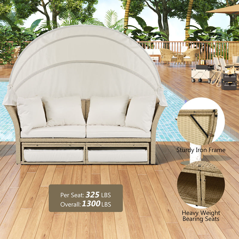 Outdoor Patio Daybed Wicker Rattan Double Daybed Round Sofa Furniture Set With Retractable Canopy, 4 Pillows For Lawn Garden