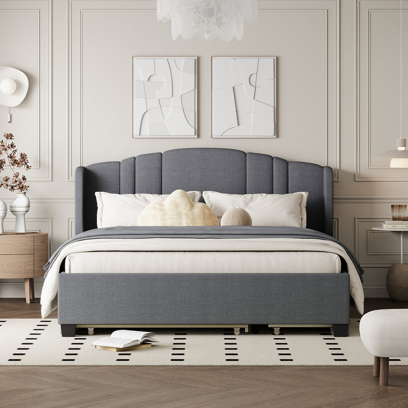 Upholstered Platform Bed with Wingback Headboard, One Twin Trundle and 2 Drawers, No Box Spring Needed, Linen Fabric, Queen Size Gray