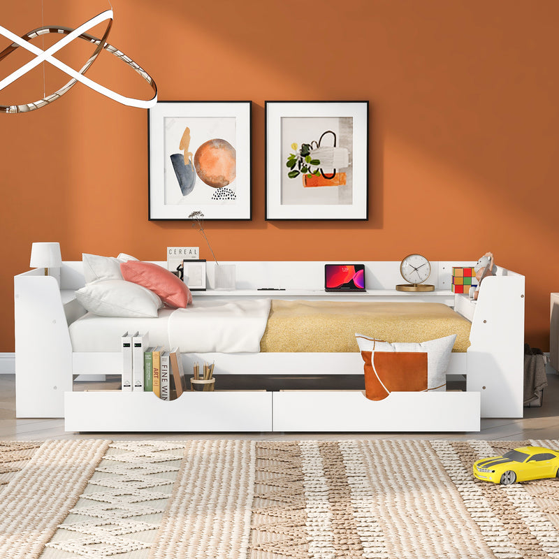 Twin Size Daybed with Shelves, Drawers and Built-In Charging Station, White