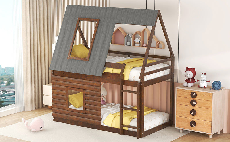 Wood Twin Size House Bunk Bed with Roof, Ladder and 2 Windows, Oak & Smoky Grey