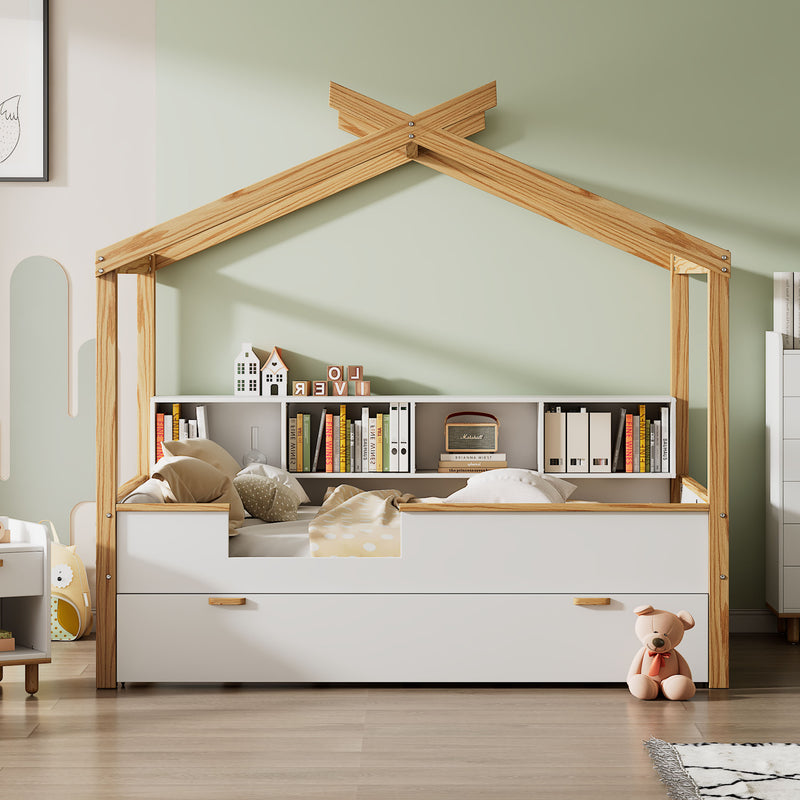 White Full Size Wooden House Bed with Original Wood Colored Frame Twin Size Trundle and Bookshelf Storage Space for Children or Guest Room