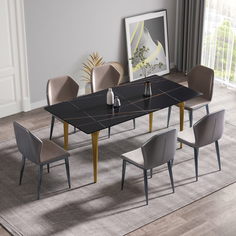 70.87" Modern Artificial Stone Straight Edge Golden Metal Leg Dining Table, Can Accommodate 6-8 People - Black