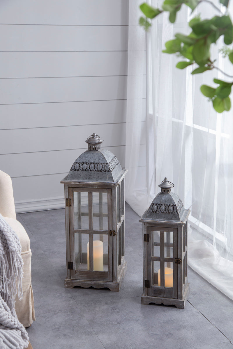 Wooden Candle Lantern Decorative, Hurricane Lantern Holder Decor For Indoor Outdoor, Home Garden Wedding (Set of 2) - Gray