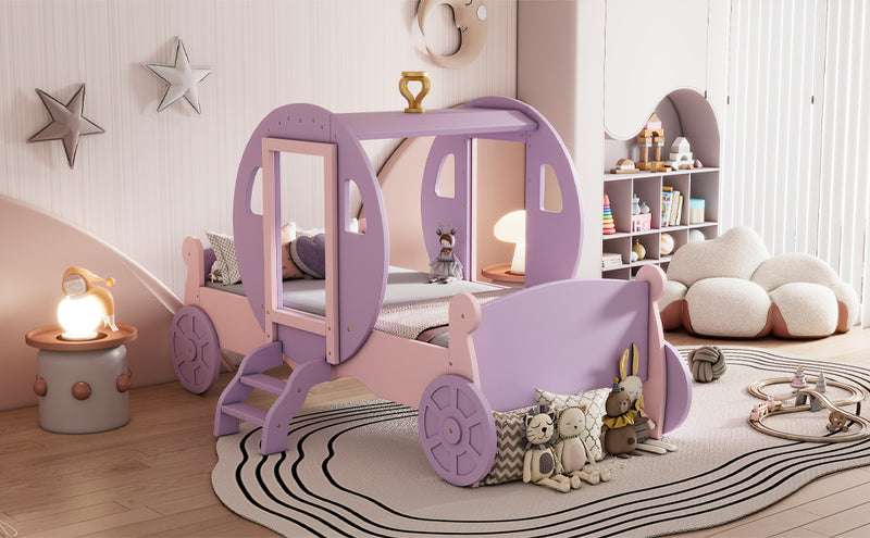 Twin size Princess Carriage Bed with Crown,Wood Platform Car Bed with Stair,Purple+Pink