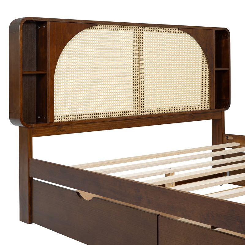 Queen Size Rattan Headboard Bed With Two Drawers And Trundle Walnut