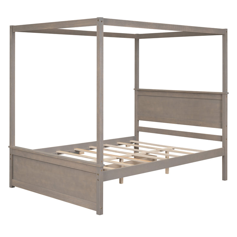 Wood Canopy Bed with two Drawers, Full Size Canopy Platform bed With Support Slats .No Box Spring Needed, Brushed Light Brown