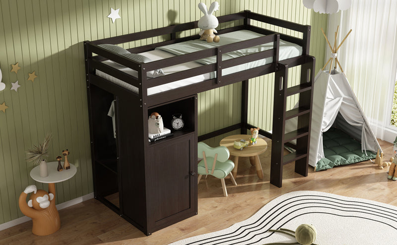 Twin Loft Bed with Wardrobe, Storage Shelves and Ladder, Espresso