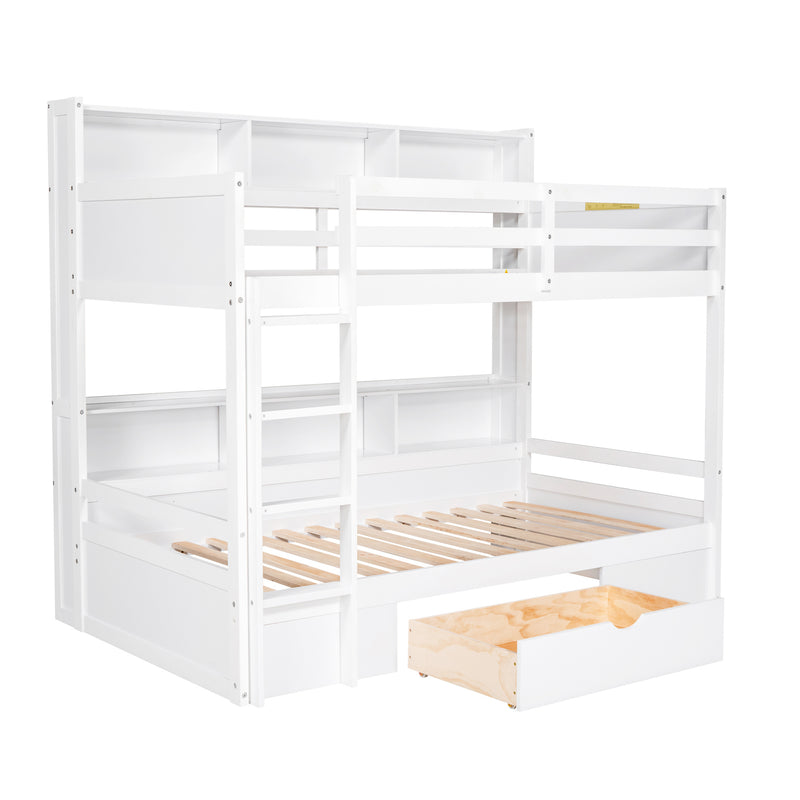 Twin Size Bunk Bed with Built-in Shelves Beside both Upper and Down Bed and Storage Drawer,White