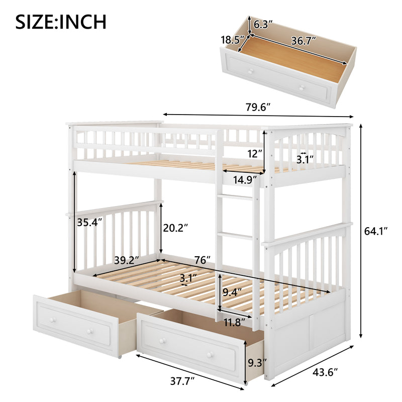 Twin over Twin Bunk Bed with Drawers, Convertible Beds, White(Old SKU: SM000240AAK-1)