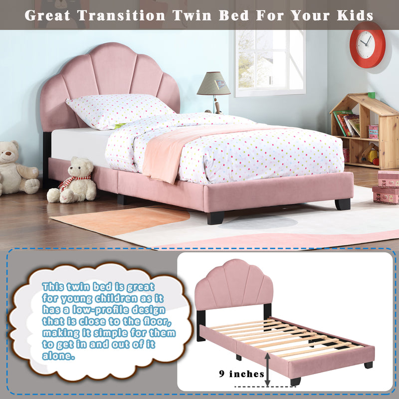 Upholstered Twin Size Platform Bed for Kids, with Slatted Bed Base, No Box Spring Needed, Pink color, Shell Design