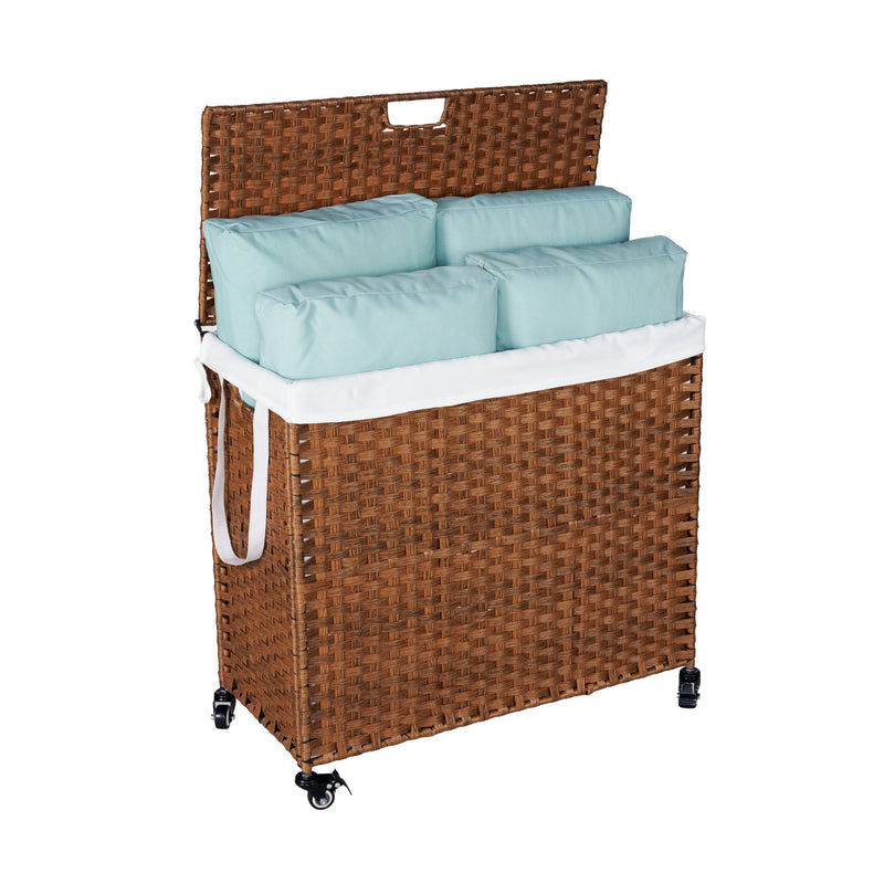 Laundry Hamper With Lid PE Rattan Powder Coating Frame Clothes Hampers With 2 Removable Bags