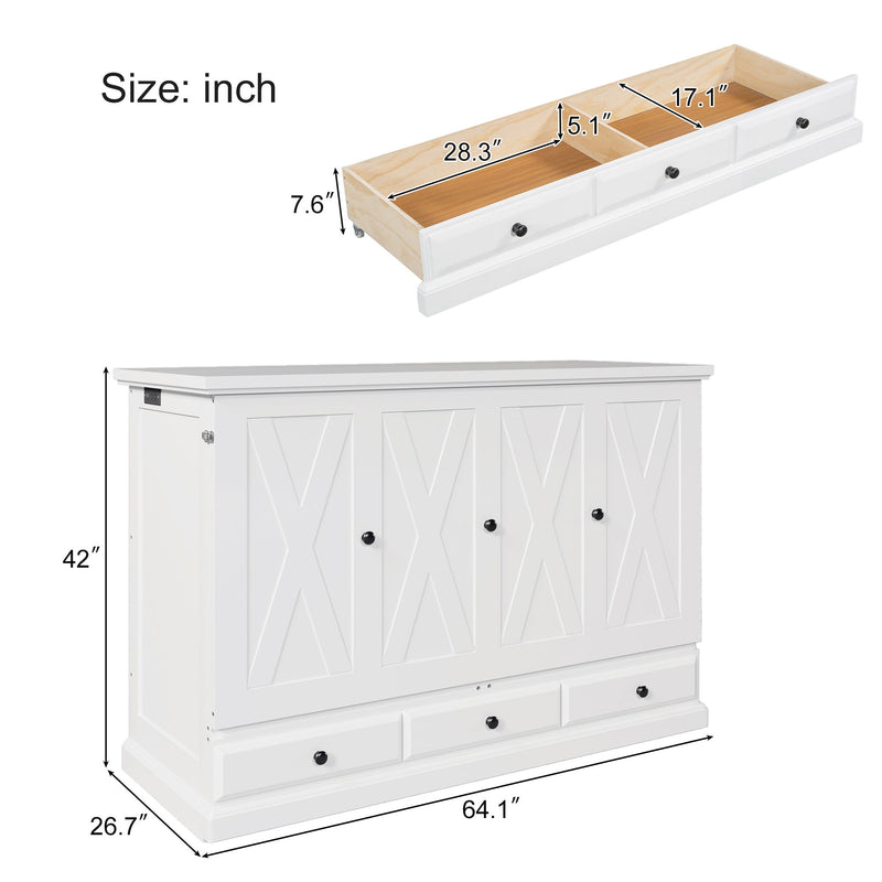 Solid Pine Murphy Bed Chest Cube Cabinet Bed With Charging Station And Large Storage Drawer For Home Office Or Small Room