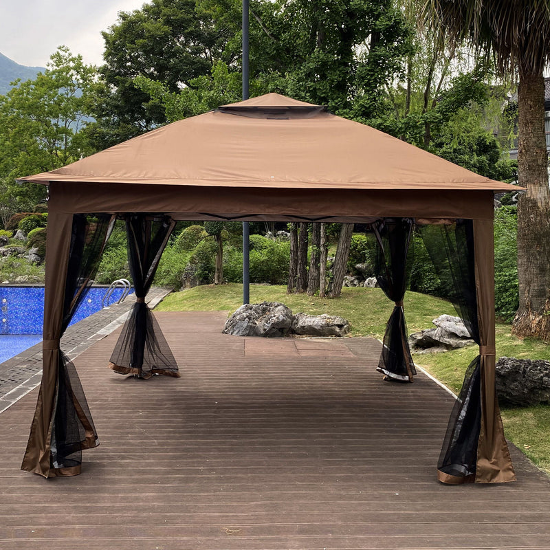 Outdoor 11X 11Ft Pop Up Gazebo Canopy With Removable Zipper Netting, 2 Tier Soft Top Event Tent, Suitable For Patio Backyard Garden Camping Area With 4 Sandbags - Brown